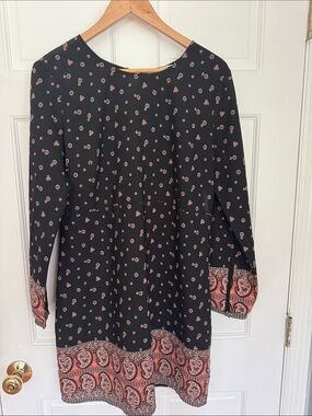 Black and Pink Paisley Border Long-Sleeve Dress